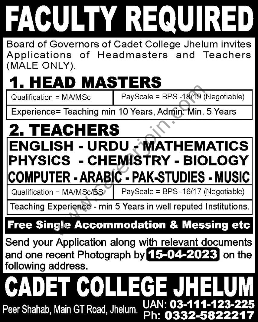 Cadet College Jhelum Jobs 26 March 2023 Express 1
