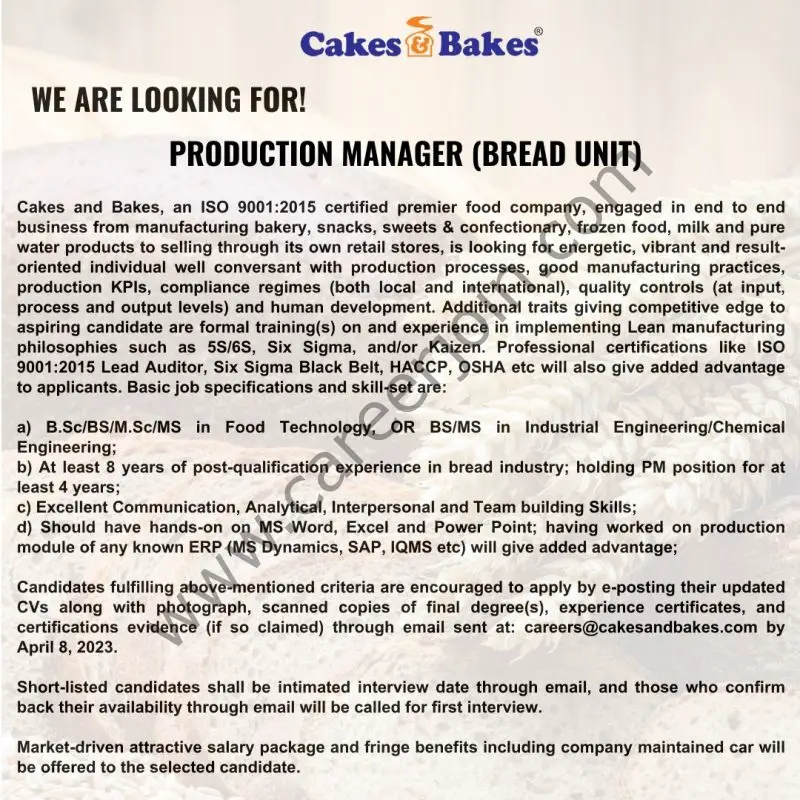 Cakes & Bakes Pakistan Jobs Production Manager 1