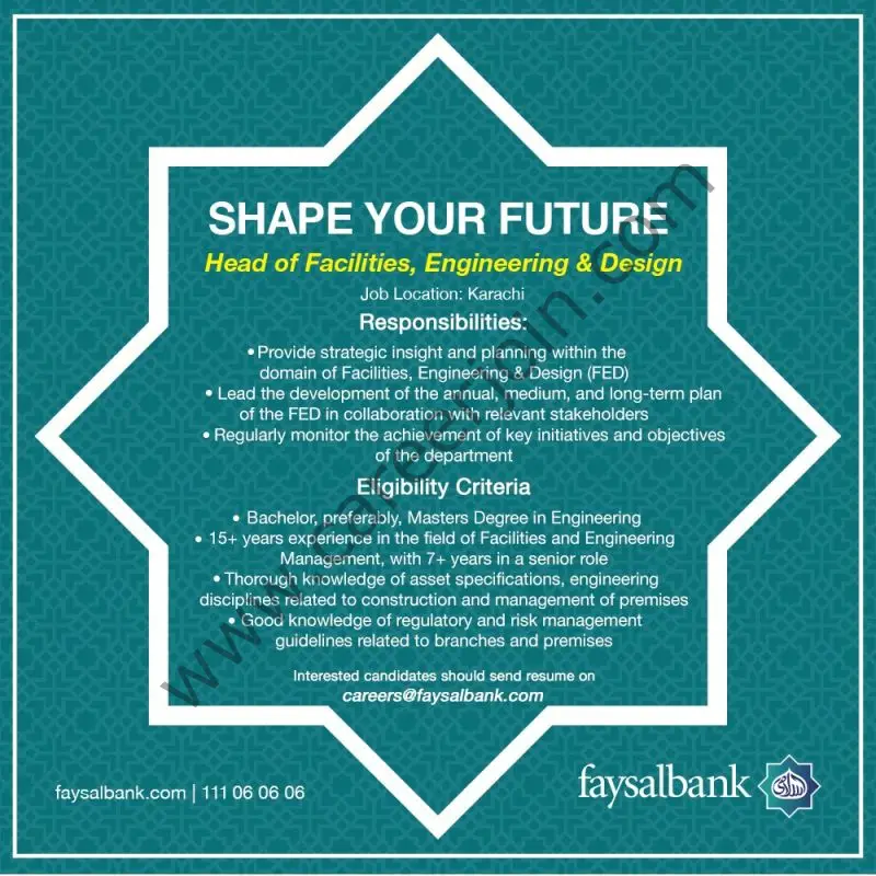 Faysal Bank Limited Jobs Head of Facilities, Engineering & Design 1