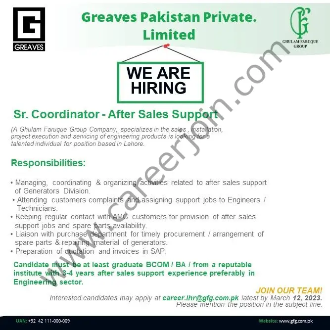 Greaves Pakistan Pvt Ltd Jobs Senior Coordinator After Sales Support 1