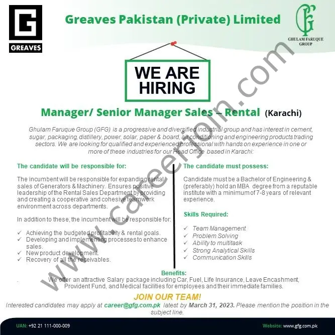 Greaves Pakistan Pvt Ltd Jobs Manager / Senior Manager Sales Rental 1