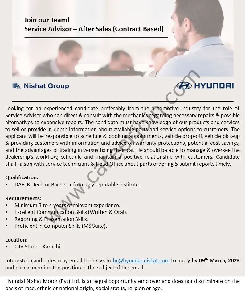 Hyundai Nishat Motor Pvt Ltd Jobs Service Advisor After Sales 1
