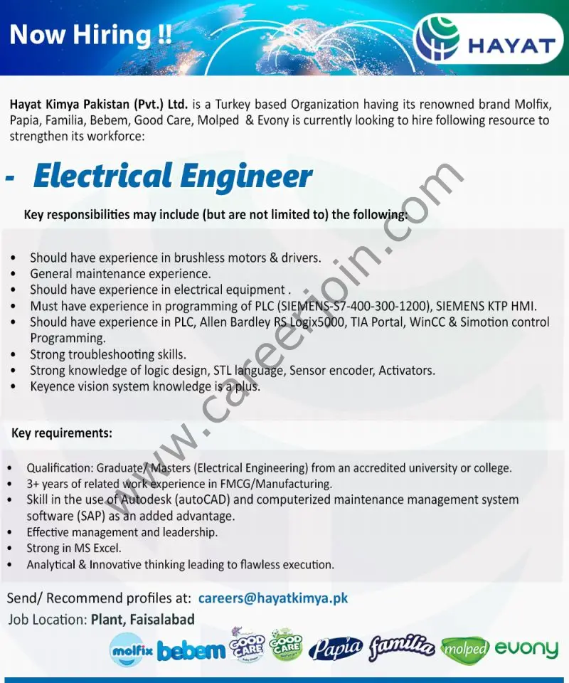 Hayat Kimya Pakistan Pvt Ltd Jobs Electrical Engineer 1