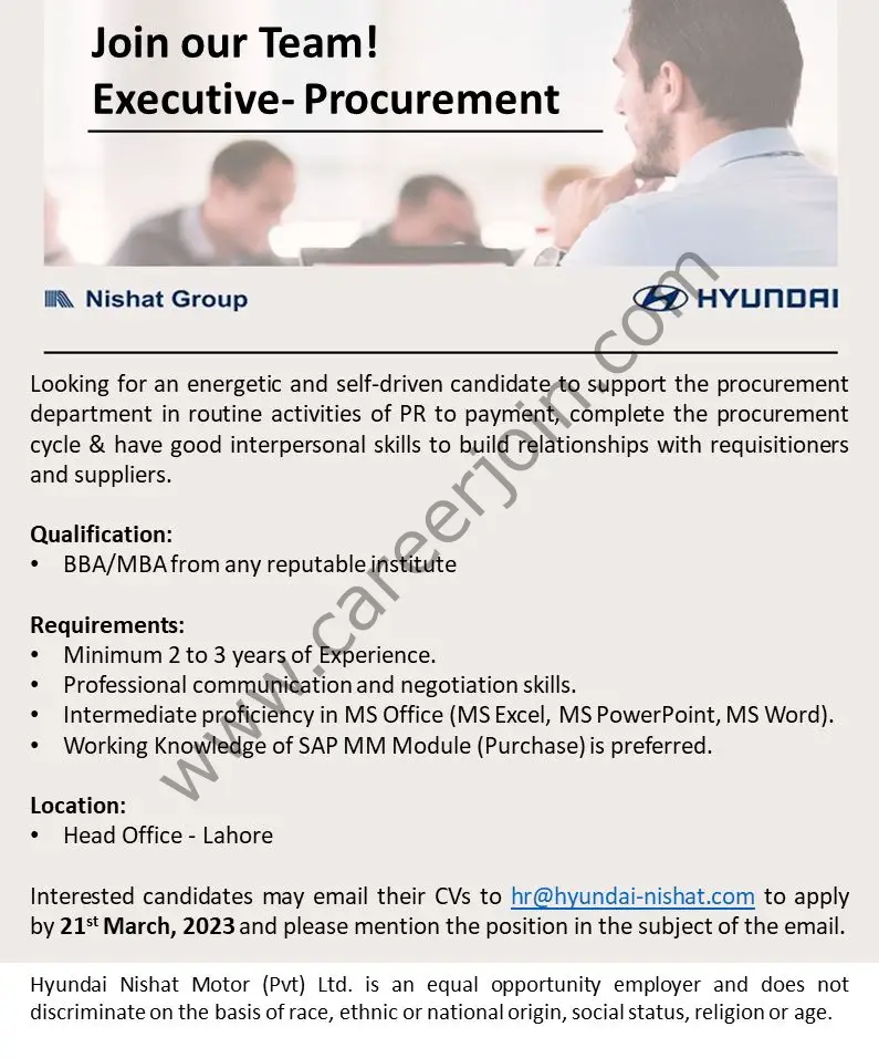 Hyundai Nishat Motor Pvt Ltd Jobs Executive Procurement 1