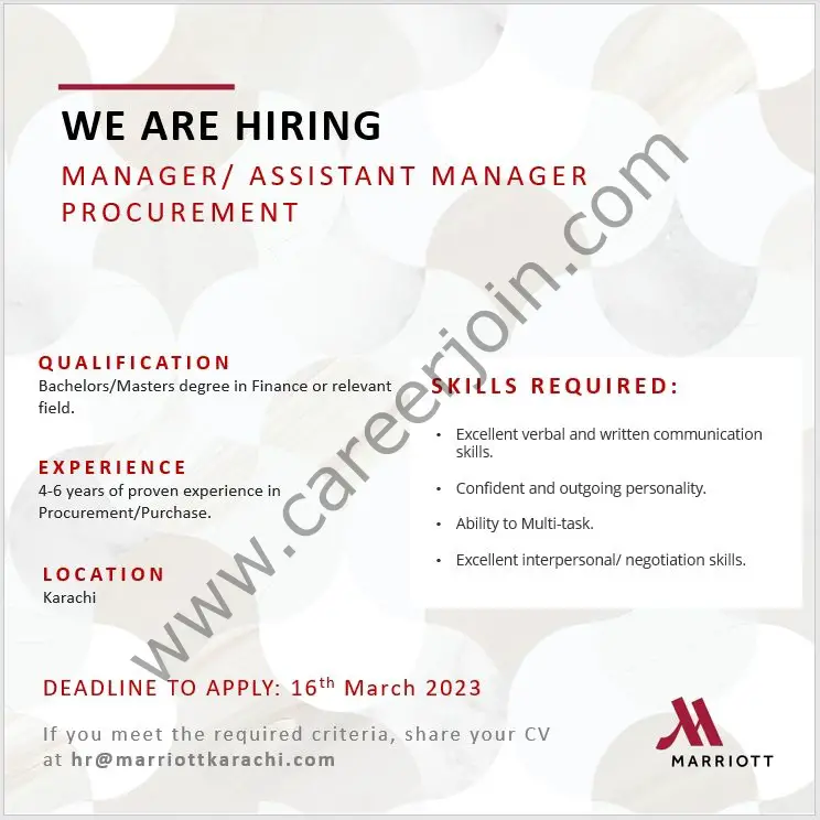 Marriott Karachi Jobs Manager / Assistant Manager Procurement 1