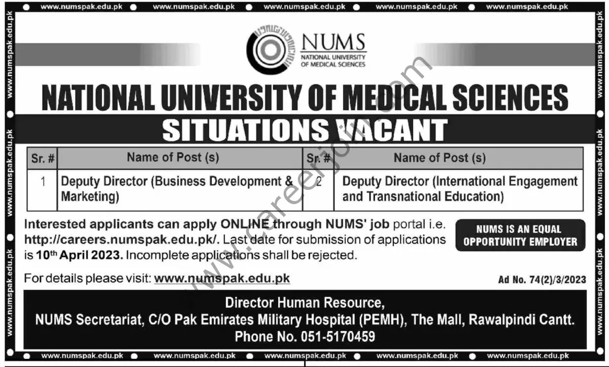 National University of Medical Sciences NUMS Jobs 26 March 2023 Dawn 1