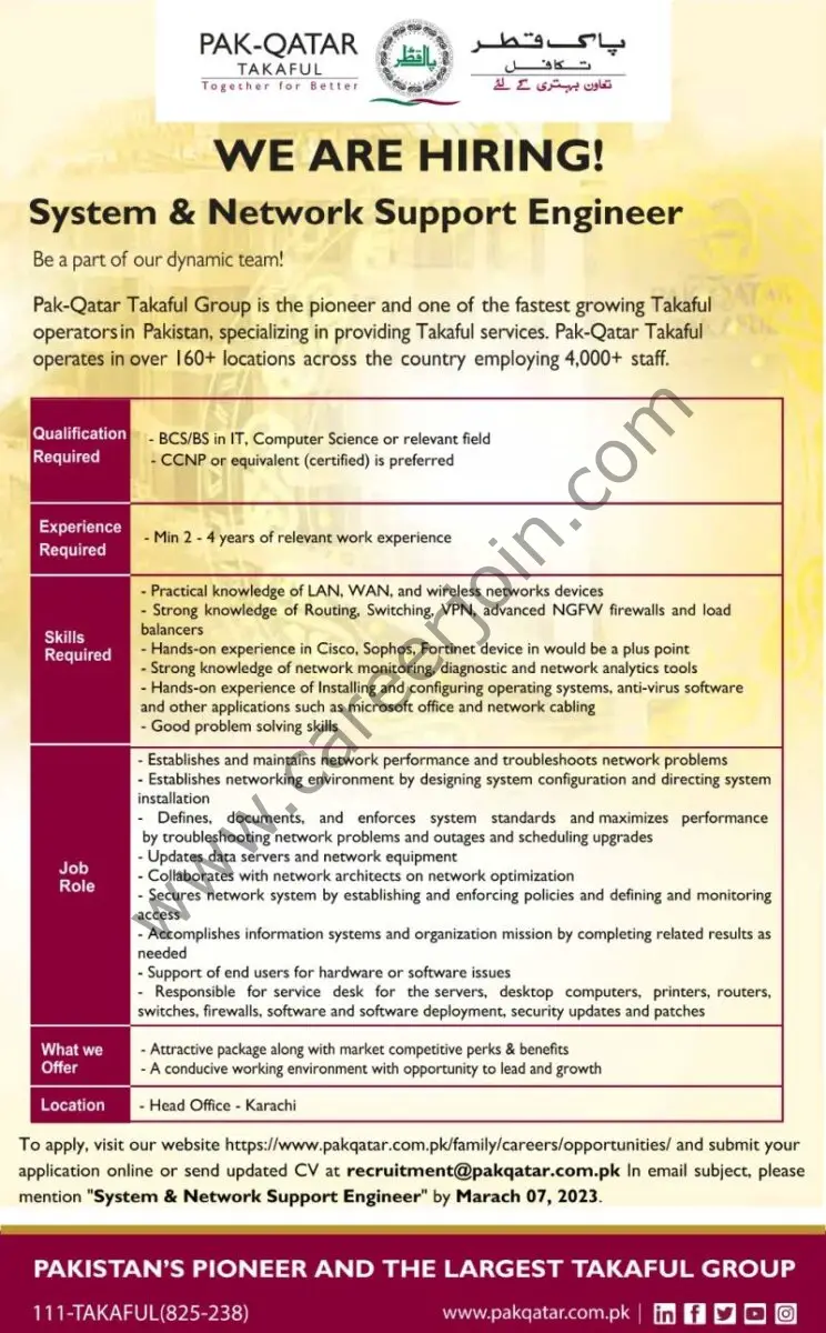 Pak Qatar Takaful Group Jobs System & Network Support Engineer 1