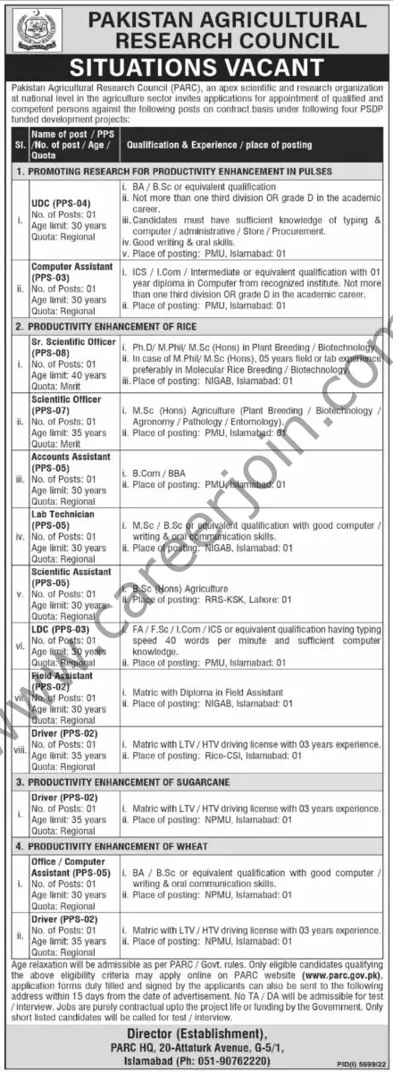 Pakistan Agricultural Research Council PARC Jobs 16 March 2023 Dawn 01