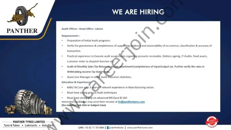 Panther Tyres Limited Jobs Audit Officer 1