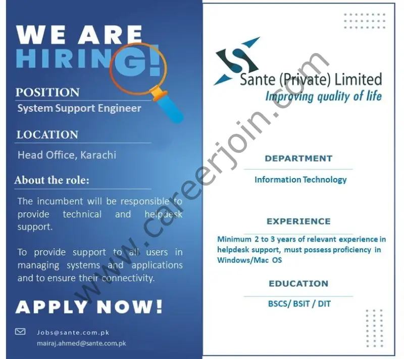 Sante Pvt Ltd Jobs System Support Engineer 1