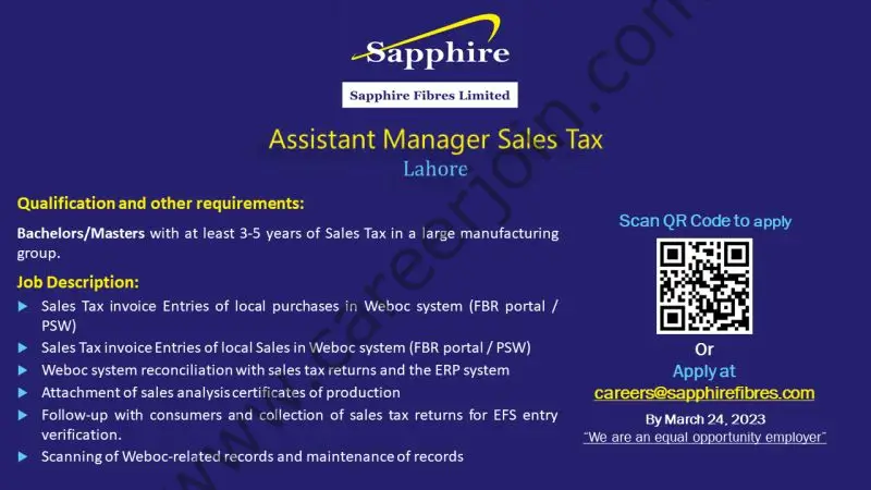 Sapphire Fibres Limited Jobs Assistant Manager Sales Tax 1