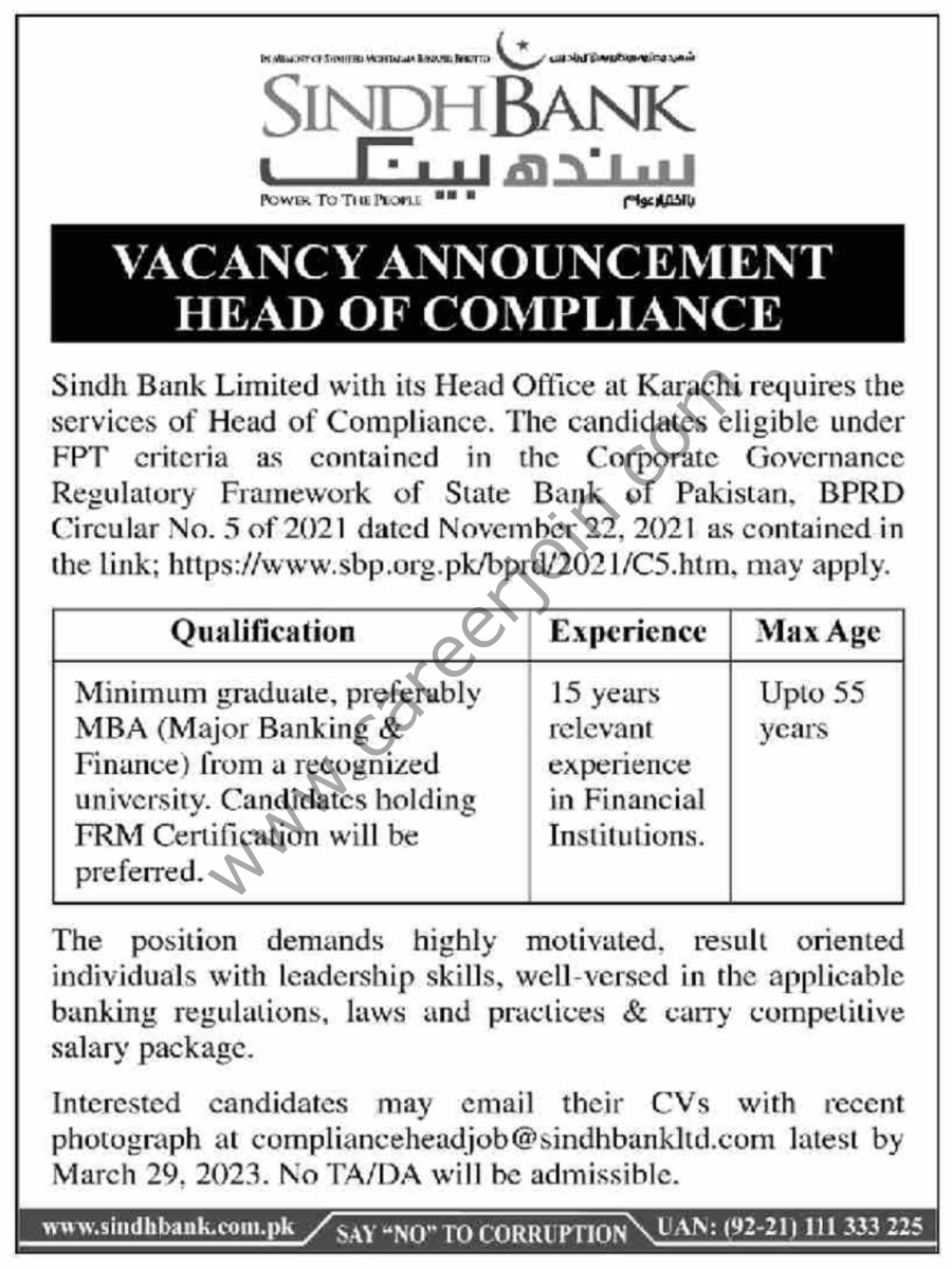 Sindh Bank Ltd Jobs 19 March 2023 Dawn 1