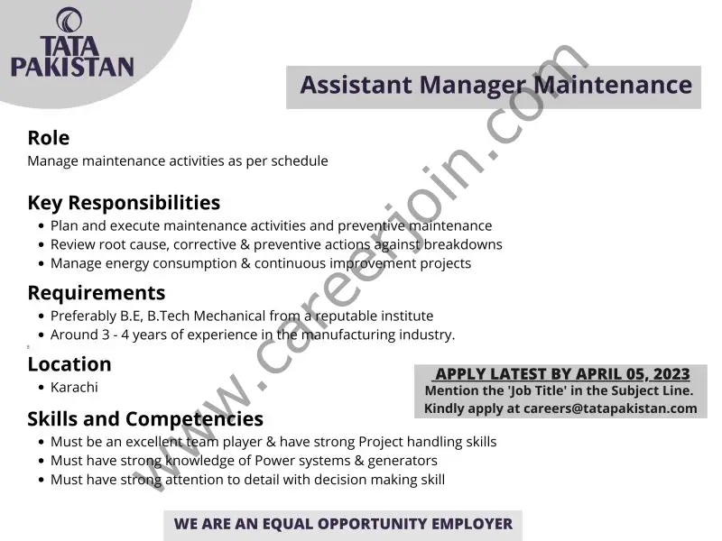 Tata Pakistan Jobs Assistant Manager Maintenance 1