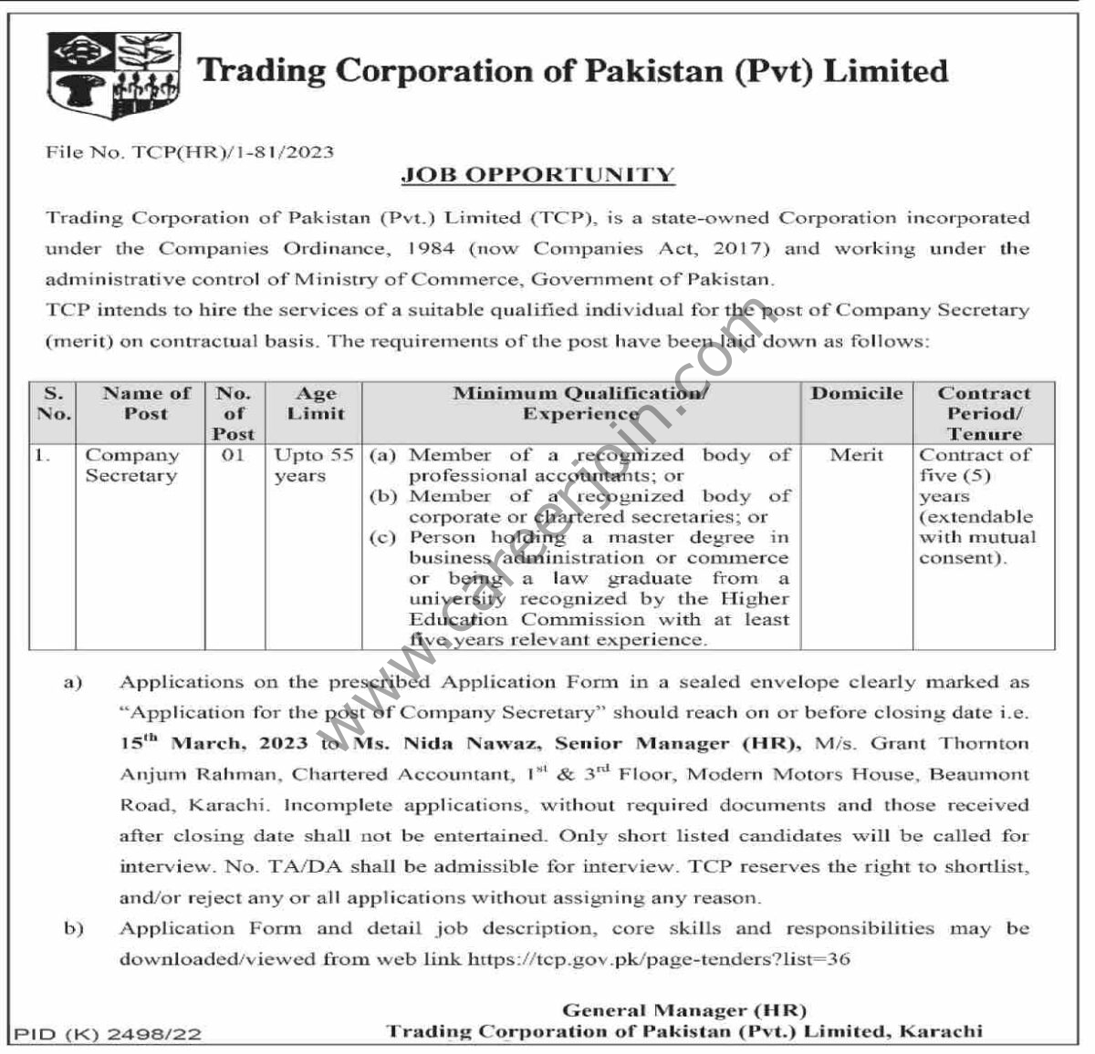 Trading Corp of Pakistan Pvt Ltd Jobs Company Secretary 1