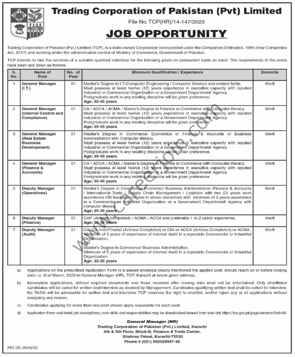 Trading Corp of Pakistan Pvt Ltd Jobs 16 March 2023 Dawn 1
