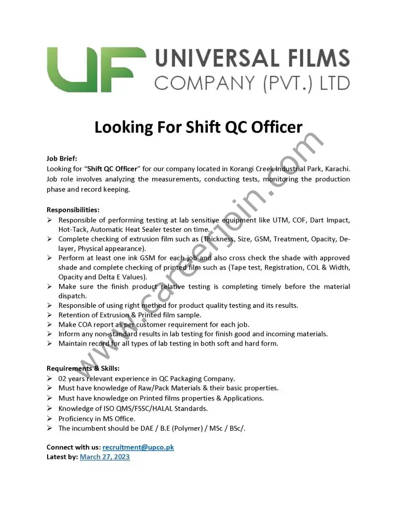 Universal Films Pvt Ltd Jobs Shift QC Officer 1