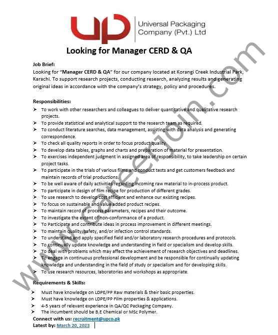 Universal Packaging Company Pvt Ltd Jobs Manager CERD & QA 1