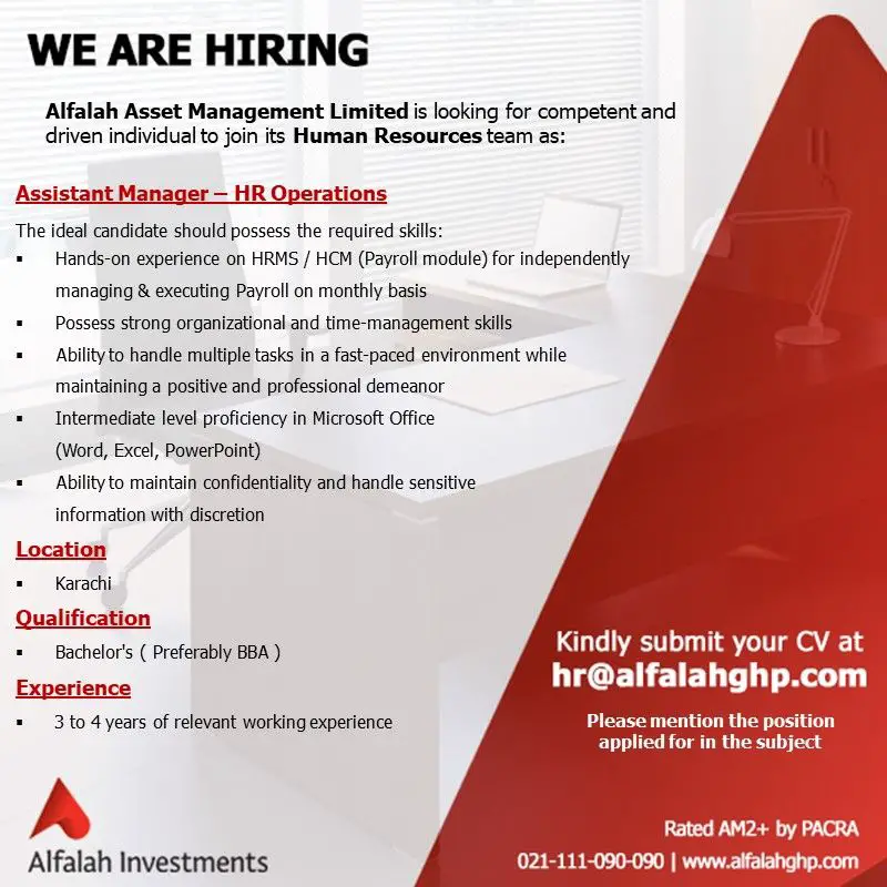 Alfalah Asset Management Limited Jobs Assistant Manager HR Operations 1