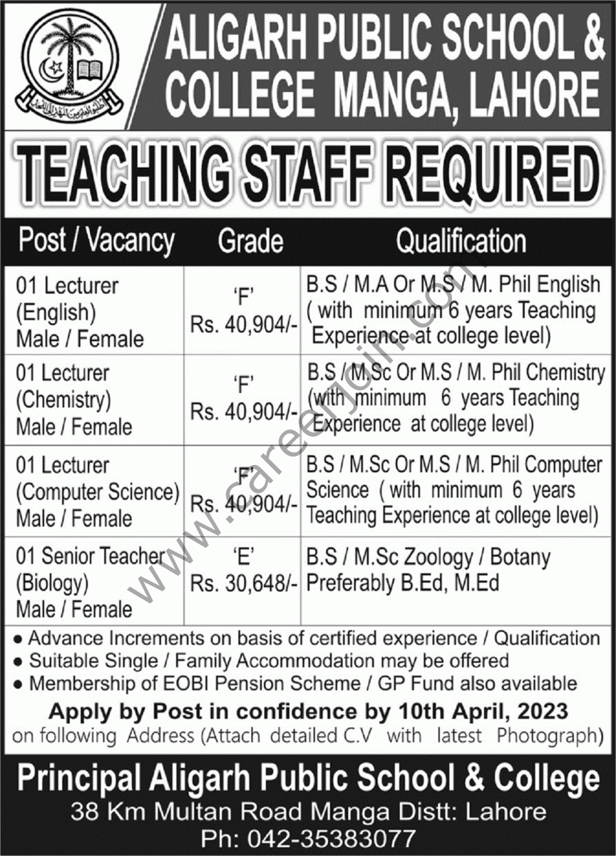 Aligarh Public School & College Manga Lahore Jobs 02 April 2023 Nawaiwaqt 1