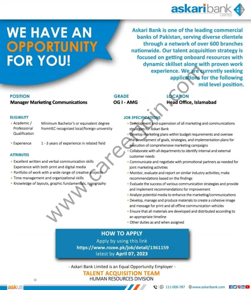 Askari Bank Limited Jobs Manager Marketing Communications