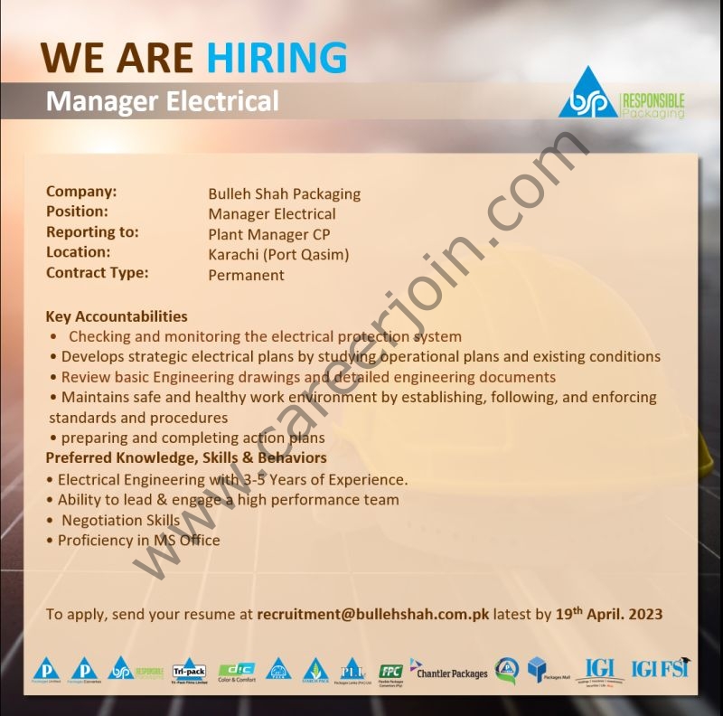 Bulleh Shah Packaging Pvt Ltd Jobs Manager Electrical 1
