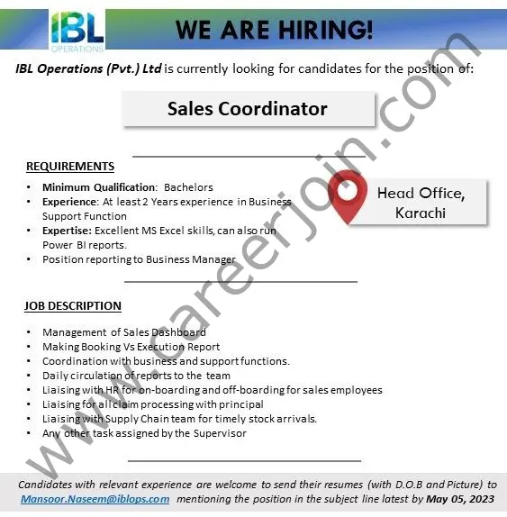 IBL Operations Pvt Ltd Jobs Sales Coordinator 1