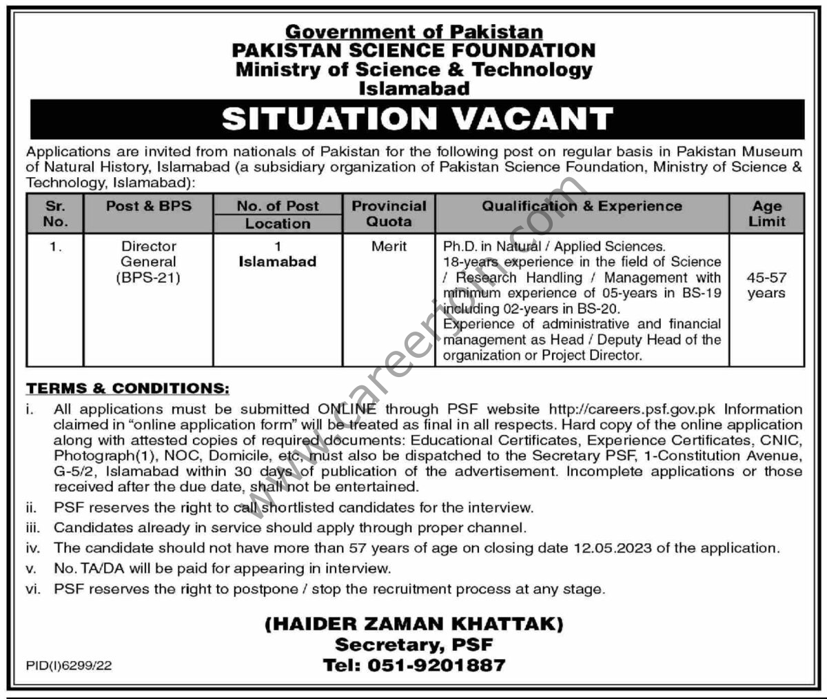 Ministry of Science & Technology Islamabad Jobs 14 April 2023 Dawn 212