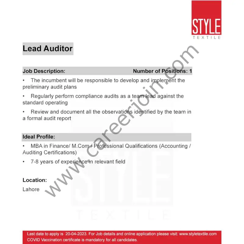 Style Textile Pvt Ltd Jobs Lead Auditor 1