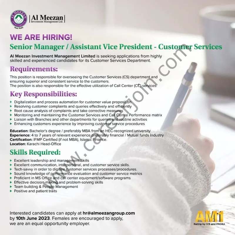 Al Meezan Investment Management Limited Jobs Senior Manager / Assistant Vice President Customer Services 1