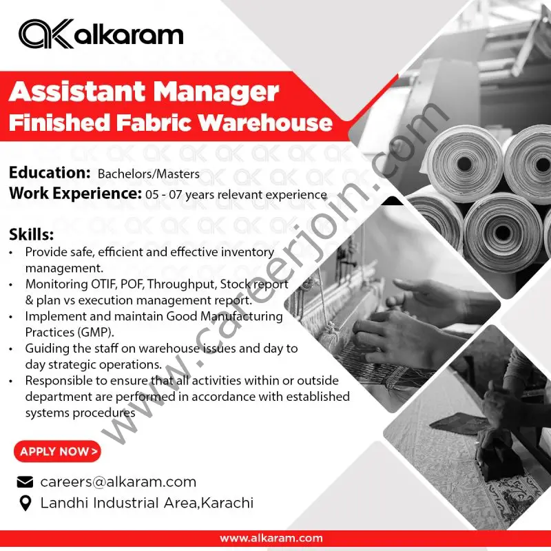 Alkaram Textile Mills Limited Jobs Assistant Manager Finished Fabric Warehouse 1