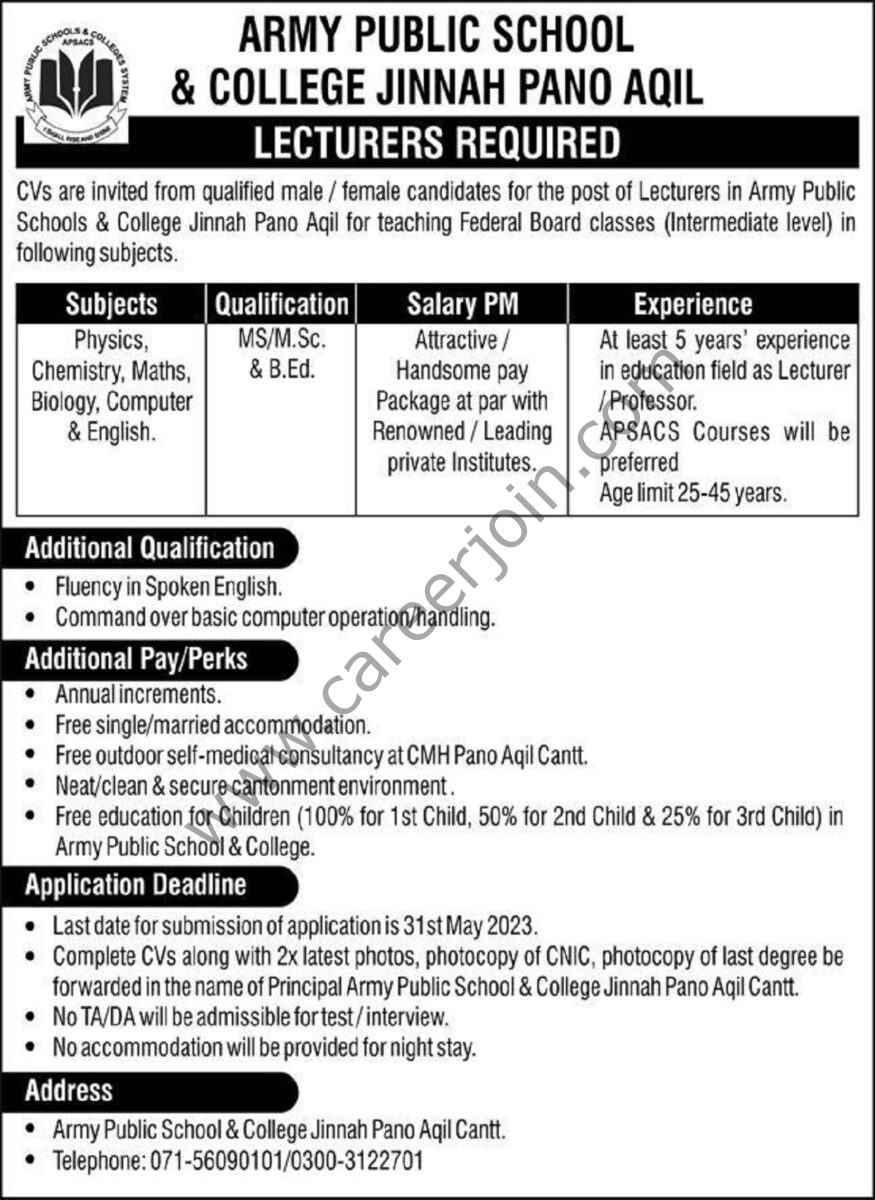 Army Public School & College Jinnah Pano Aqil Jobs 14 May 2023 Express 1