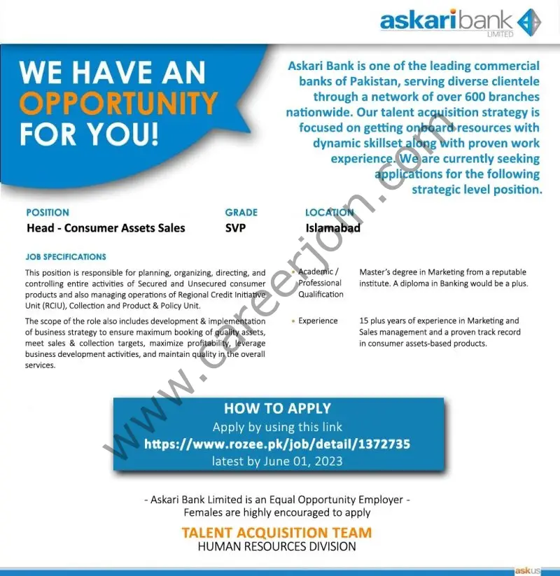 Askari Bank Ltd Jobs Head Consumer Assets Sales