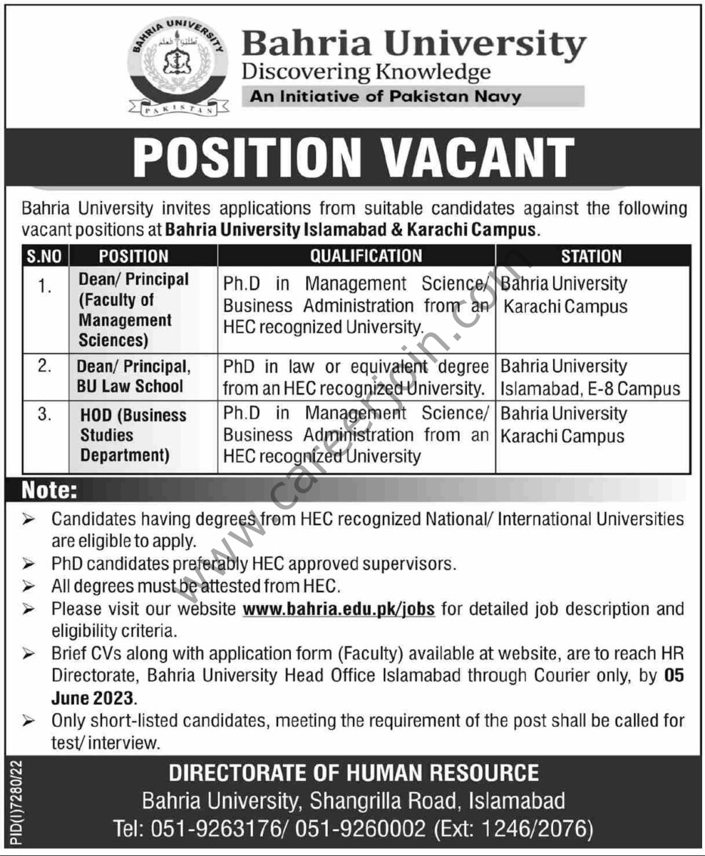 Bahria University Islamabad & Karachi Campus Jobs 28 May 2023 Dawn 1
