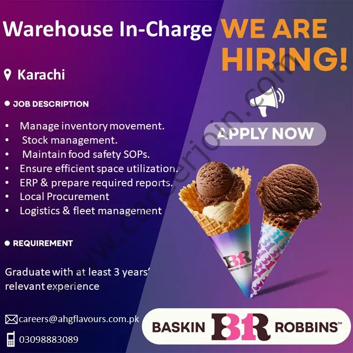 Baskin Robbins BR Pakistan Jobs Warehouse Incharge 1