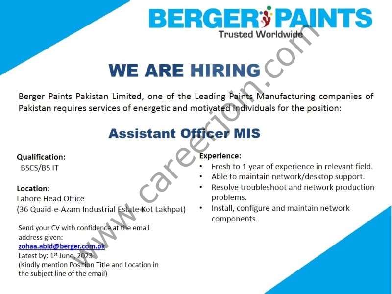 Berger Paints Pakistan Jobs Assistant Officer MIS 1