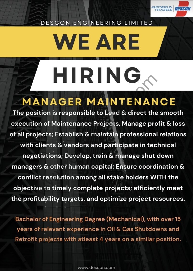 Descon Engineering Pvt Ltd Jobs Manager Maintenance 1