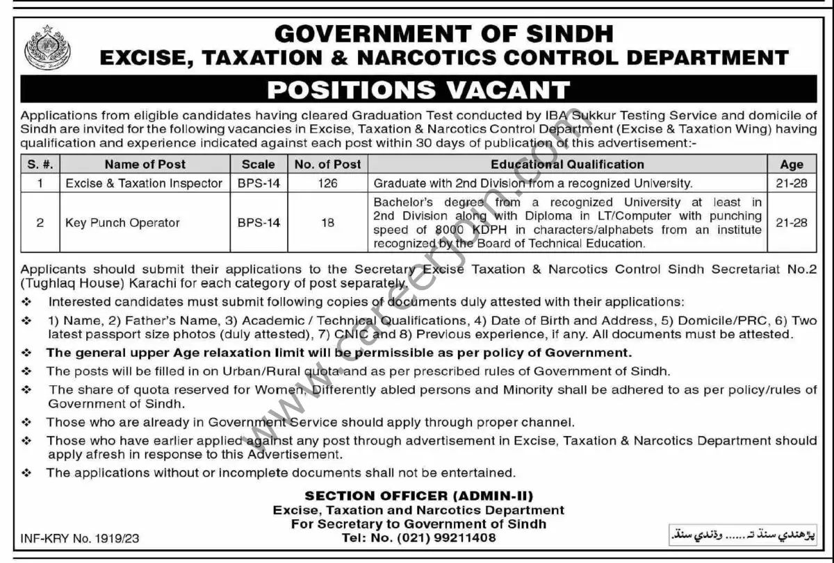 Excise Taxation & Natcotics Control Dept Sindh Jobs 14 May 2023 Dawn 1