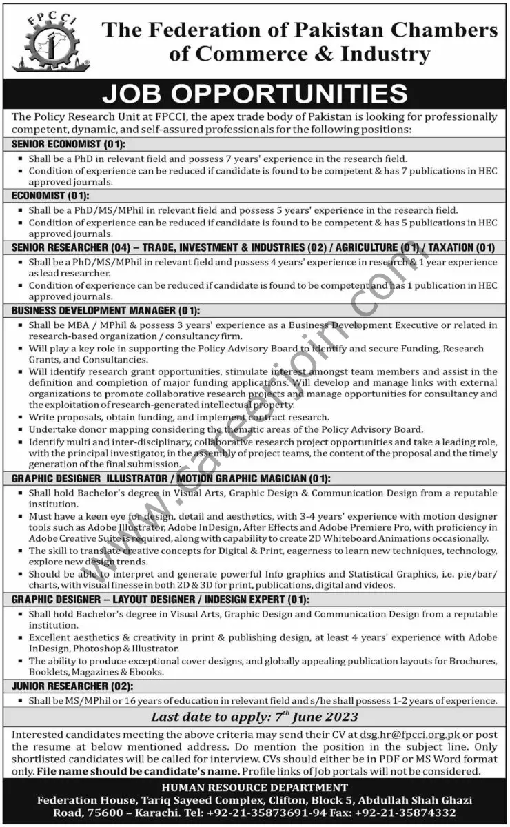 Federation of Pakistan Chambers of Commerce & Industry Jobs 28 May 2023 Dawn 1