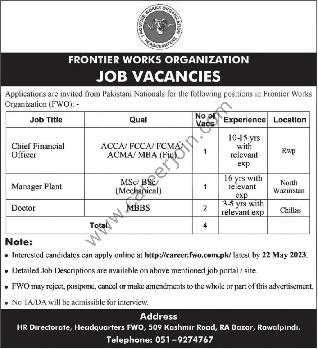 Frontier Works Organization FWO Jobs 07 May 2023 Express Tribune 1