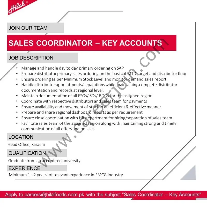 Hilal Foods Pvt Ltd Jobs Sales Coordinator Key Accounts 1
