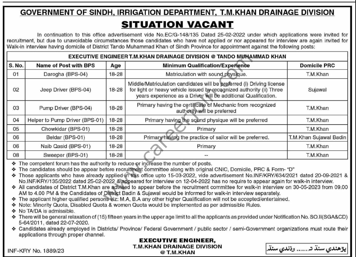 Irrigation Dept Sindh Jobs 14 May 2023 Dawn 1