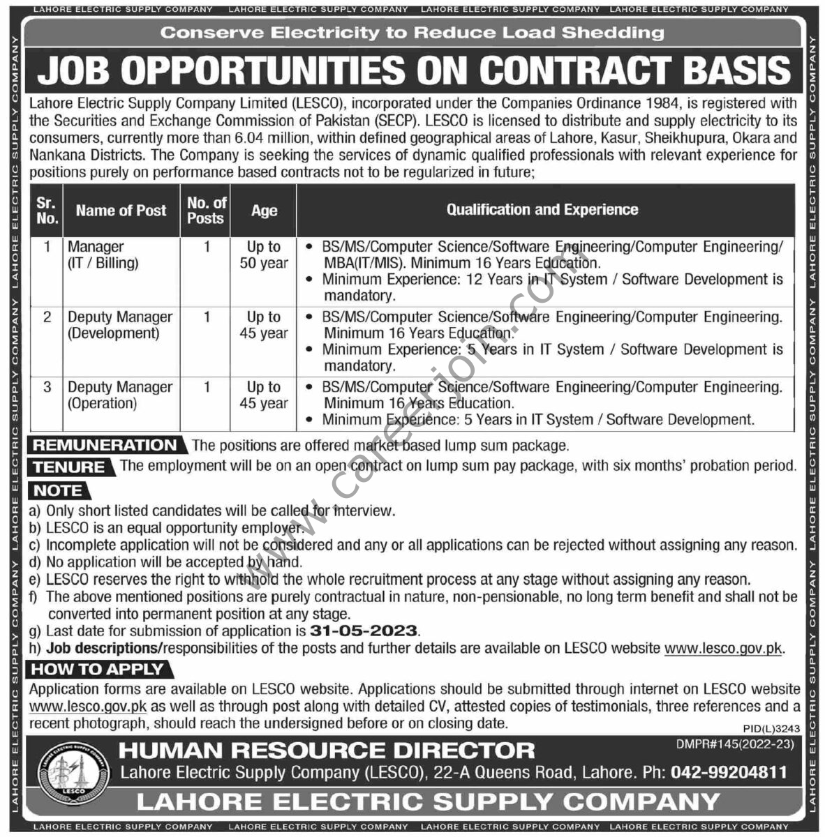 Lahore Electric Supply Co Ltd LESCO Jobs 14 May 2023 Dawn 1