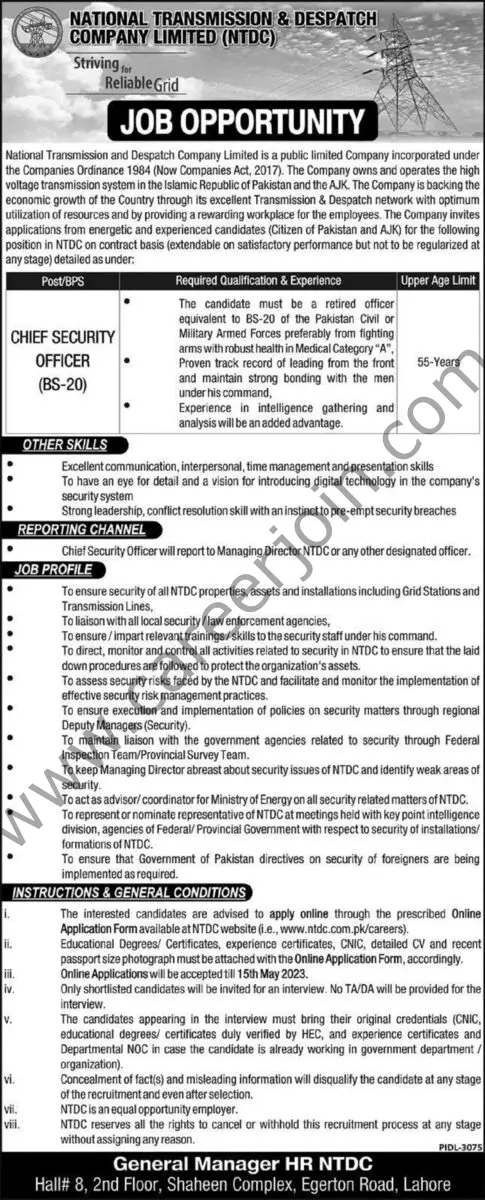 National Transmission & Despatch Co Ltd NTDC Jobs Chief Security Officer 1