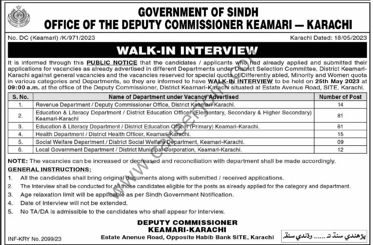 Office of the Deputy Commissioner Keamari Karachi Jobs 21 May 2023 Dawn 1