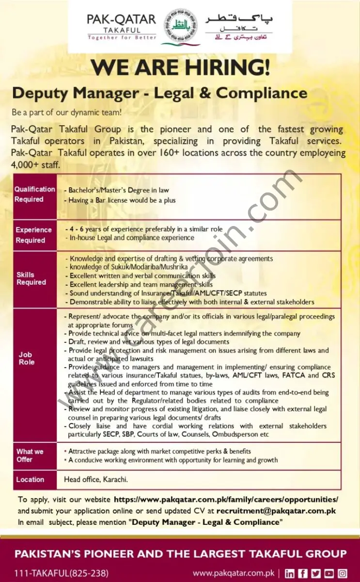 Pak Qatar Takaful Group Jobs Deputy Manager Legal & Compliance 1