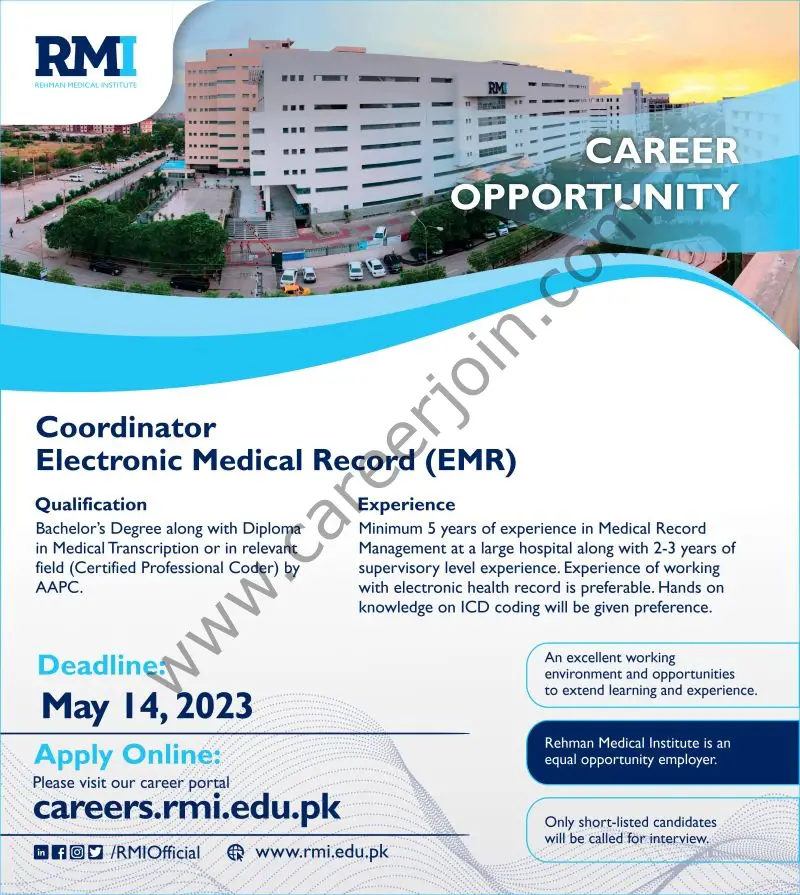Rehman Medical Institute RMI Jobs Coordinator Electronic Medical Record EMR 1