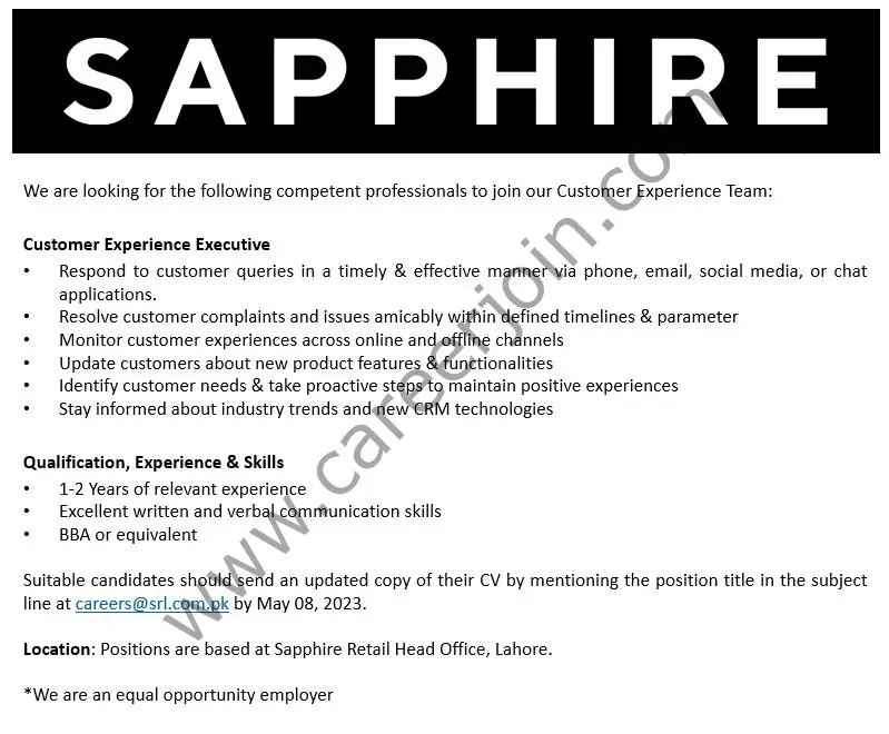 Sapphire Retail Limited SRL Jobs Customer Experience Executive 1