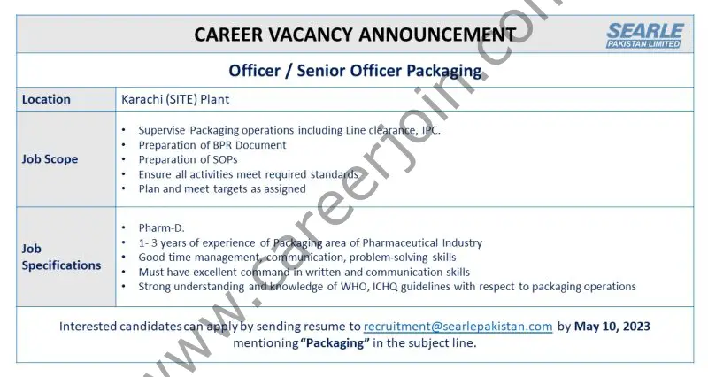 The SEARLE Company Jobs Officer / Senior Officer Packaging 1