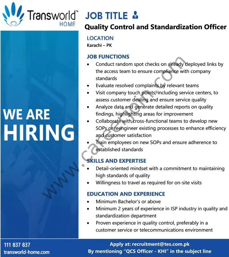 Transworld Home Jobs Quality Control & Standardization Officer 1