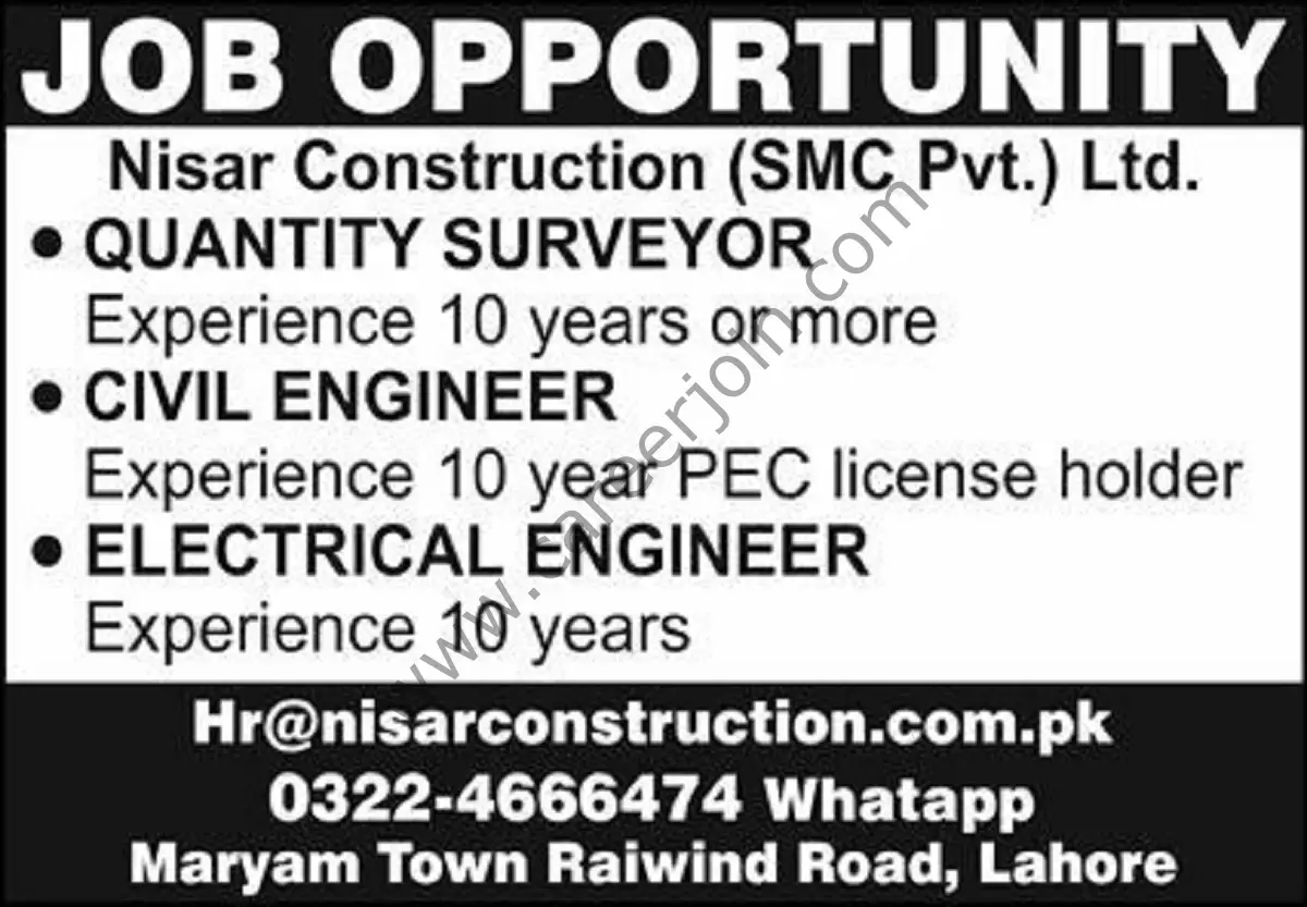 Nisar Construction SMC Pvt Ltd Jobs 04 June 2023 Express 1
